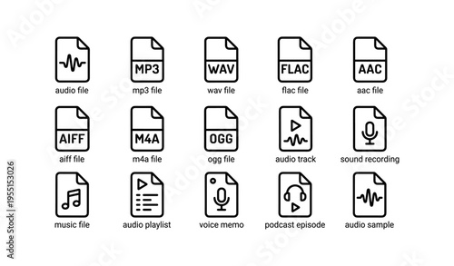 Audio file icons collection: mp3, wav, flac, aac, and more