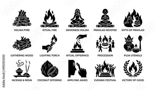 Icon set illustrating holika pyre rituals and festival themes in black and white