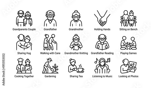 Elderly activities icons set with grandparents engaging in various leisure activities