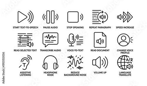 Audio control icons for assistive technology and language translation