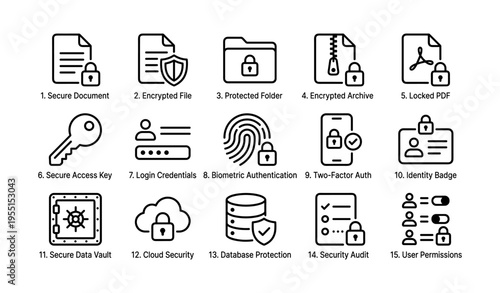 Secure digital data icons featuring encryption and authentication symbols