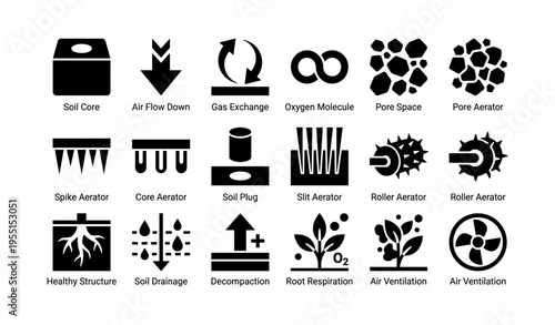 Comprehensive soil aeration techniques and tools illustrated in icon set