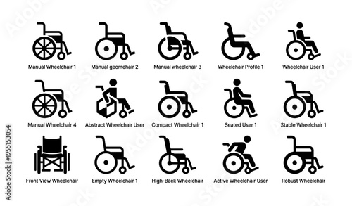 Icon set of manual and powered wheelchairs with various user positions