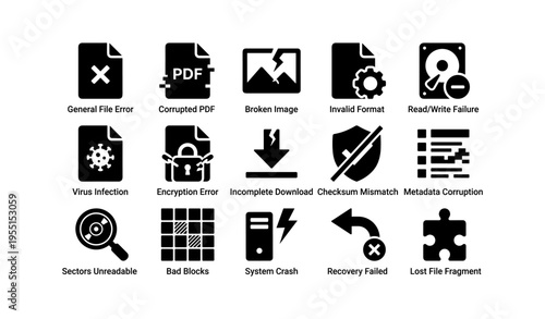 Digital file error icons collection: pdf, image, security, and hardware issues