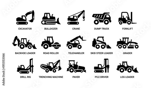 Silhouettes of various heavy machinery and construction vehicles