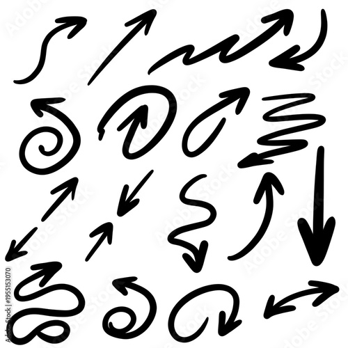 Hand-drawn black arrow set isolated on a white background. Doodle directional symbols in various curved, spiral, and zigzag shapes, ideal for annotations, navigation, infographics, stickers