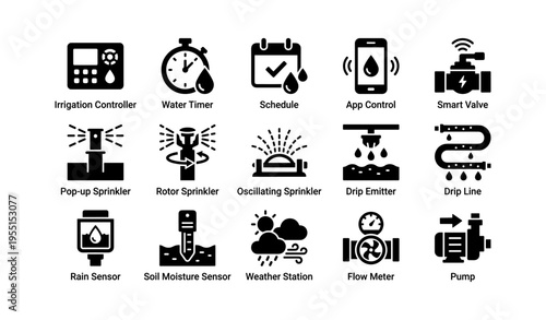 Irrigation system icons: water timer, sensors, and sprinklers for efficient gardening