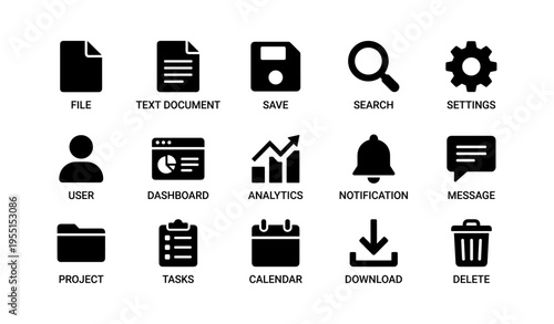 Set of 16 simple black icons representing various digital functions and tools