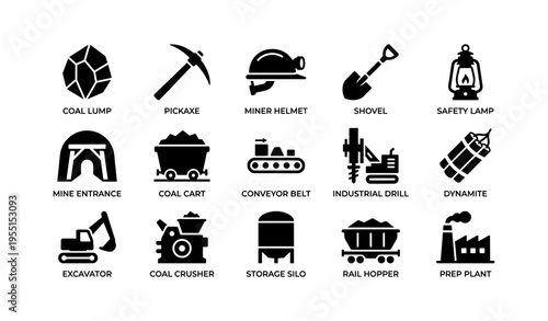 Coal mining equipment icons: helmets, tools, machinery, and safety gear
