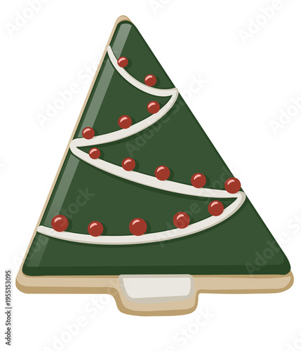 Christmas tree shaped cookie with green icing and red decorations isolated on a white background. Festive holiday dessert illustration ideal for seasonal baking, greeting cards, packaging