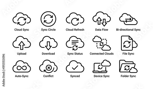 Cloud sync and data flow icons with upload download and device connectivity
