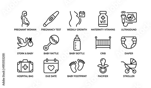 Pregnancy and baby essentials icons: from tests to strollers