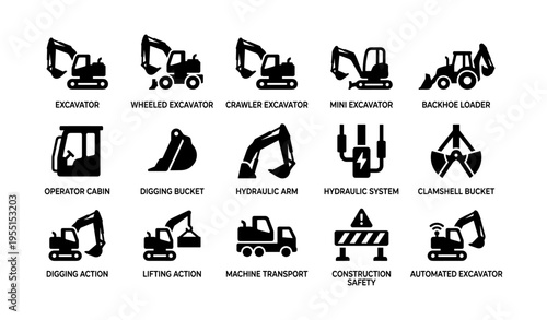 Excavator icon set featuring various types and functions for construction