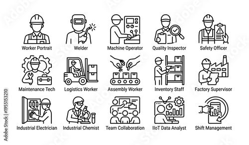 Various industrial job roles with icon illustrations including worker, welder, and technician