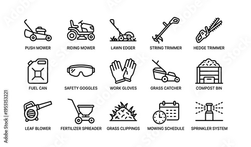 Lawn maintenance equipment icons featuring mower tools and safety gear