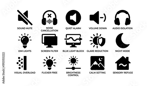 Essential icons for accessibility: sound, light, and screen management