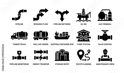 Industrial icons representing pipeline, oil, gas, and transportation infrastructure