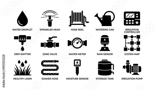 Garden irrigation essentials: water sprinkler, hose reel, sensors, valves, controller
