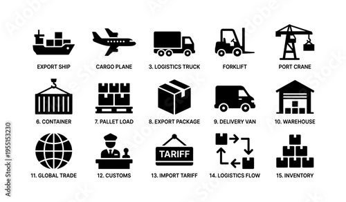 Icon set of transport and logistics symbols for global trade and inventory management
