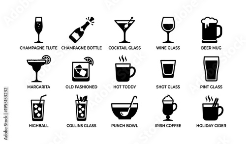 Collection of various drinkware illustrations including cocktails and glasses