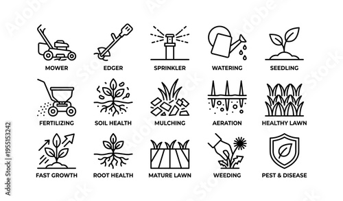 Lawn care and gardening icons: mower, sprinkler, watering, fertilizing, healthy lawn