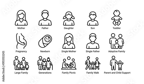 Family icons: parents, children, generations, and activities illustrated