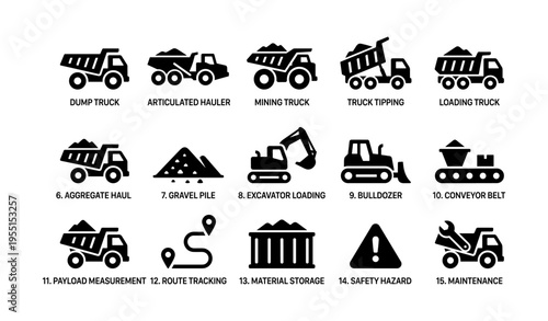 Silhouetted construction vehicles and equipment icons for heavy machinery and safety
