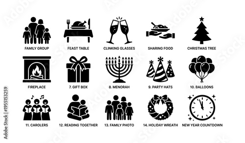 Holiday celebration icons featuring family, festive meals, decorations, and seasonal activities
