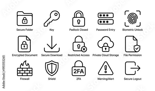 Security icons set featuring folder, key, padlock, password, biometric, cloud, firewall, and alert symbols