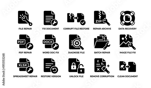 Icons for file repair and data recovery tools with pdf docx zip formats