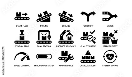 Industrial conveyor system icons: flow, incline, sort, maintenance, alerts, status