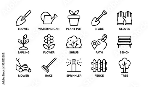 Essential gardening tools and icons collection for outdoor activities
