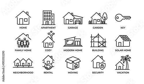 Home and living icons including house, apartment, garden, key, and more