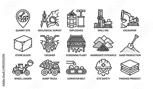 Icons of quarrying and mining equipment and processes