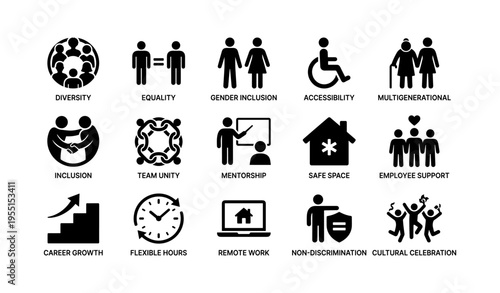 Inclusive workplace icons highlighting diversity and team unity