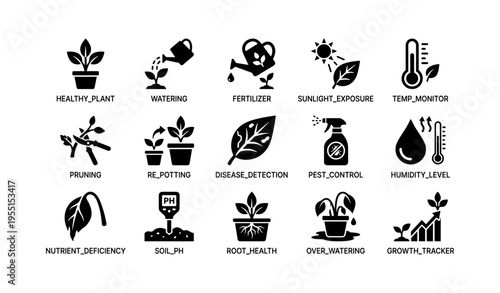 Plant care icons: watering, fertilizer, sunlight, temperature, growth monitoring
