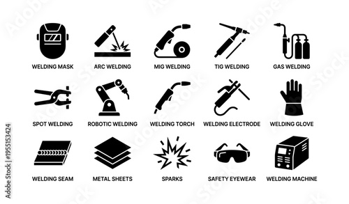 Welding techniques and safety equipment icons: mask, mig, tig, glove, torch