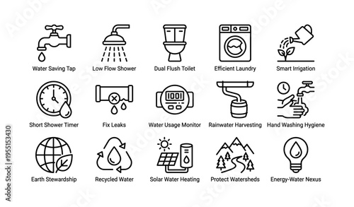 Water conservation icons: tap, shower, toilet, laundry, irrigation, hygiene, sustainability, recycled