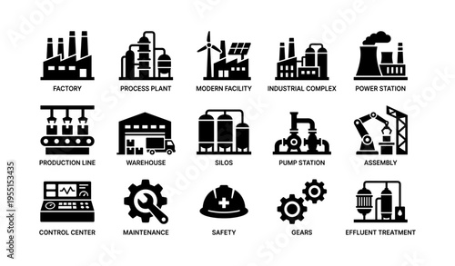 Industrial icons set: factory, power station, warehouse, modern facility, safety gear