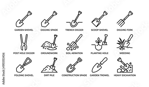 Garden tools icons: shovel, spade, fork, digger, trowel, weeding
