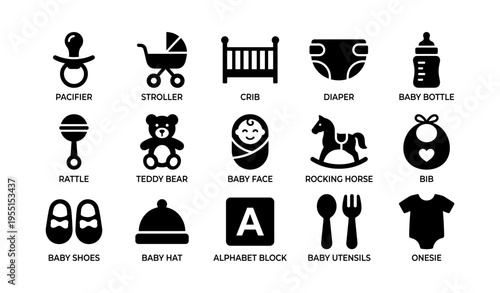 Baby essentials icons featuring pacifier stroller crib diaper and bottle