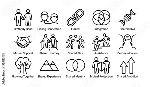Icon set depicting human relationships and interactions in line art style