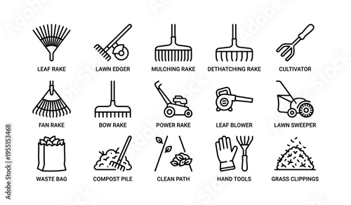 Garden tools icons: rakes, cultivator, blower, waste bag, hand tools
