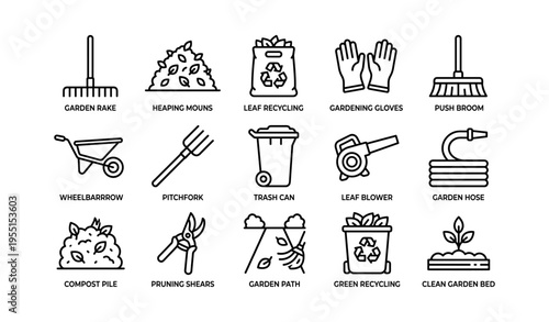 Gardening tools and recycling icons: rake, broom, wheelbarrow, gloves, hose, trash bin, shears