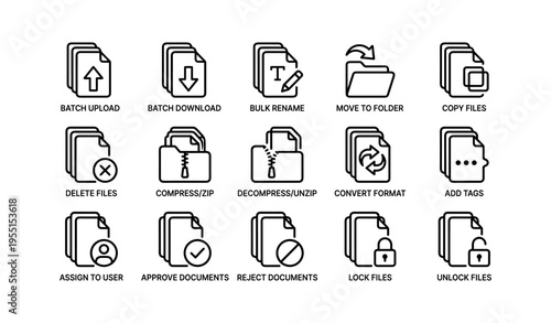 File management icons set for upload, download, compression, conversion, and more
