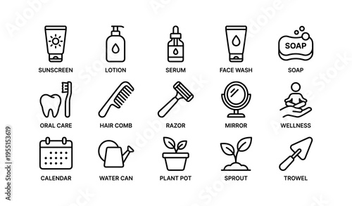 Personal care and gardening icons set including soap, sunscreen, razor, and plant pot