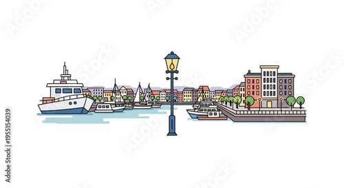 Coastal harbor scene with boats and buildings in flat design