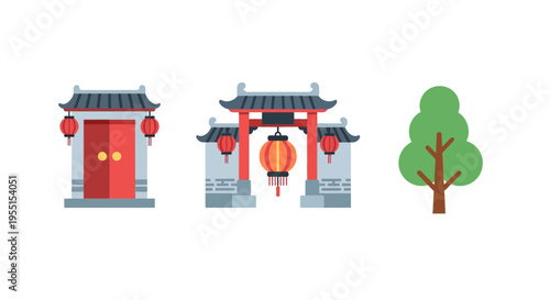 Traditional asian architecture and nature elements in flat design