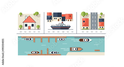 Coastal city elements: nautical transport and map design in flat style