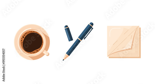 Minimalist coffee break: cup, pen, and notepad essentials for productivity